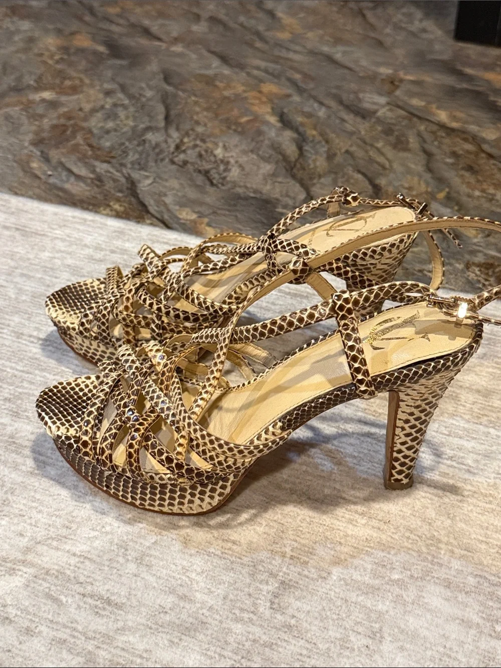 Women’s 7.5 Snake-Print Strappy Heels in Brown and Tan with platform